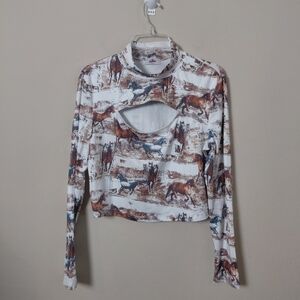 Long Sleeve Cut-Out‎ Crop Top Size XL Stretchy EQUESTRIAN.